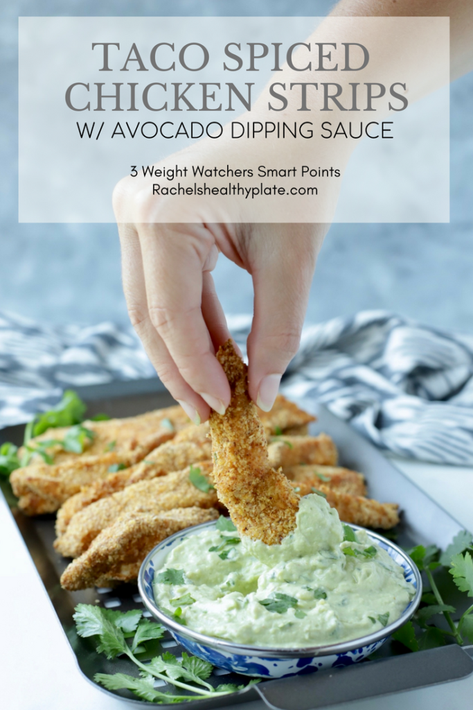 Taco Spiced Chicken Strips w/ Creamy Avocado Sauce - 3 Weight Watchers Smart Points - Airfryer or Oven! - Rachelshealthyplate.com