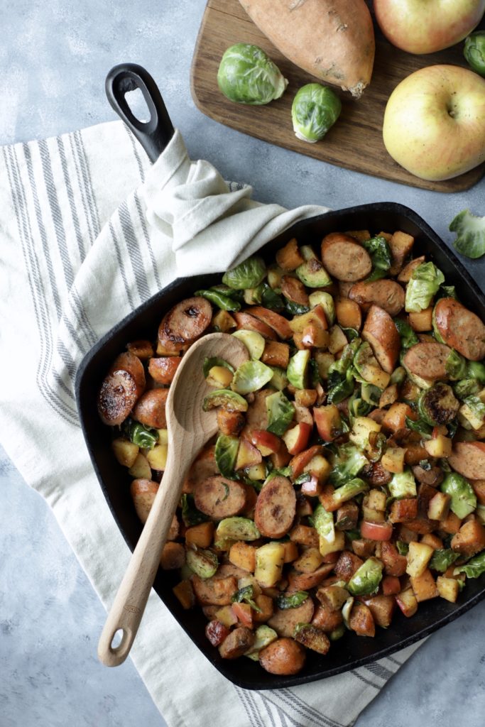Sweet Potato Hash with Sausage, Apples, and Brussels Sprouts
