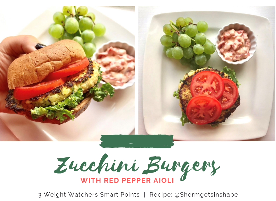 Zucchini Burgers w/ Red Pepper Aioli - 3 Weight Watchers Smart Points | @Shermgetsinshape recipe featured on Rachelshealthyplate.com