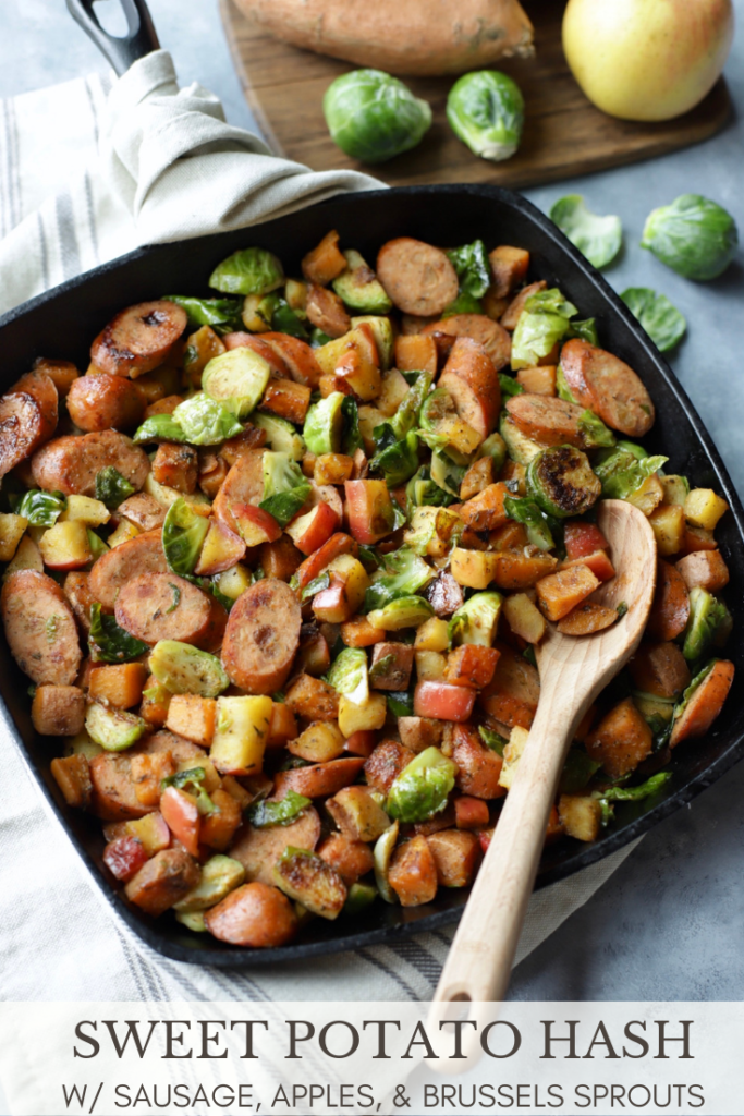 Sweet Potato Hash with Sausage, Apples, & Brussels Sprouts - 6 Weight Watchers Smart Points | Rachelshealthyplate.com