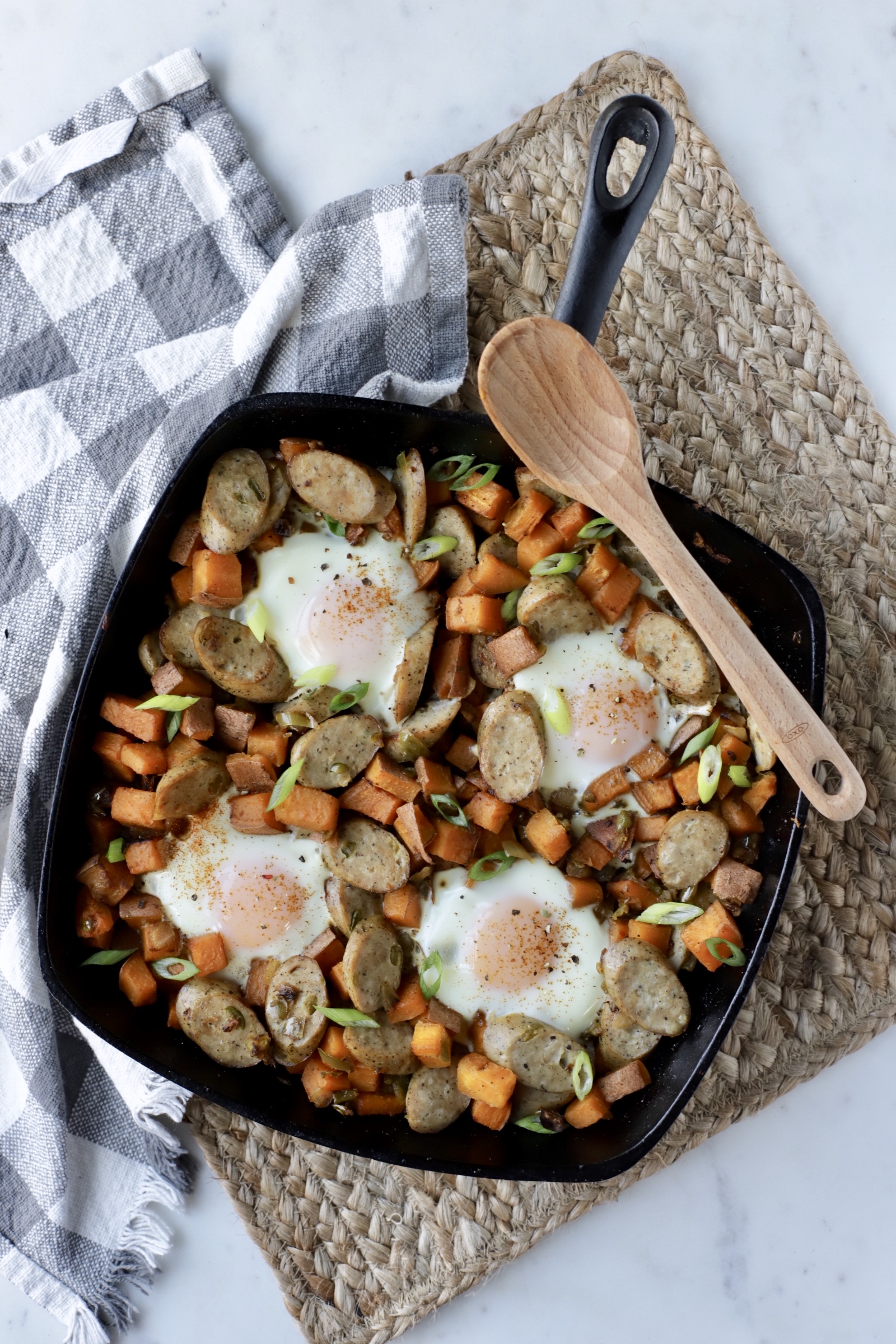 Sweet Potato Hash Egg Skillet with Microgreens