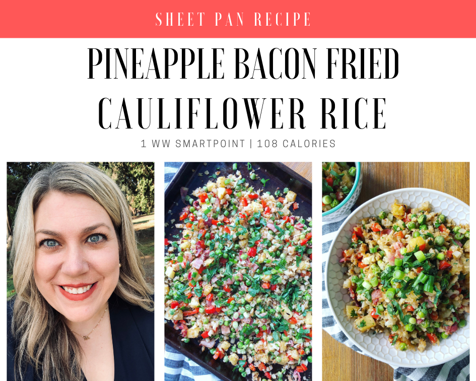 Pineapple Bacon Fried Cauliflower Rice | 108 calories & 1 WW SmartPoint | @katieswholeadventure recipe featured on rachelshealthyplate.com | #WW #Smartpoints #cauliflowerrice #paleo #glutenfree