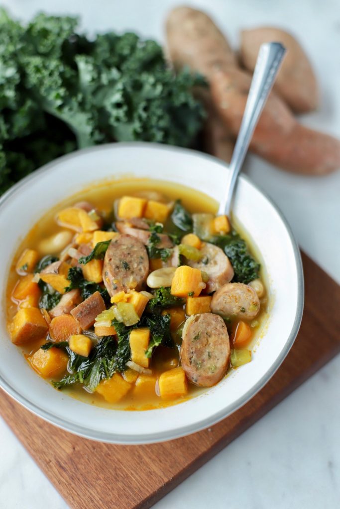 Kale, Sausage, & Sweet Potato Soup - 5 WW SmartPoints & 217 Calories | Rachelshealthyplate.com | #ww #smartpoints #healthysoup